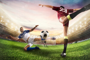 Soccer striker hits the ball with an acrobatic kick. 3D Rendering